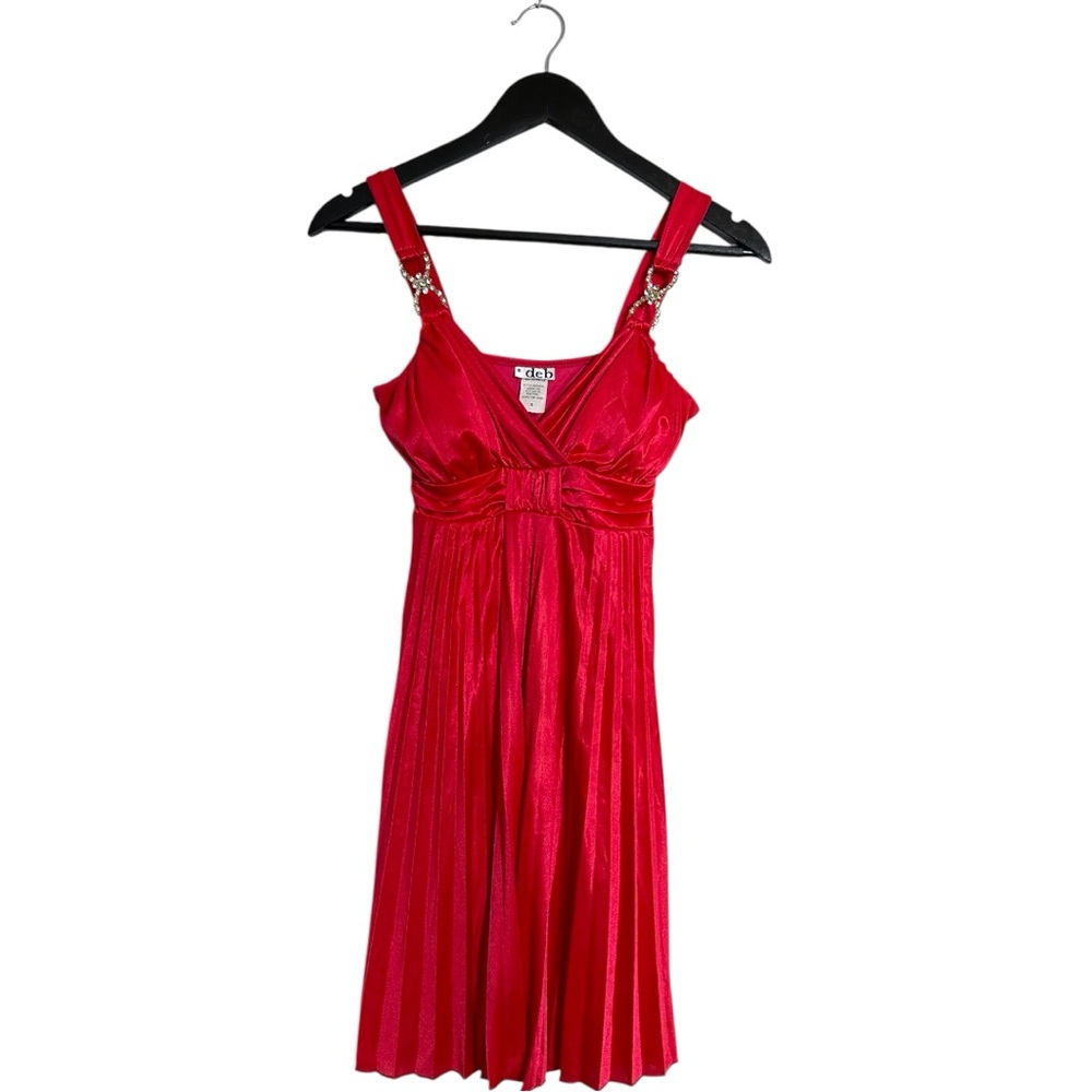 Deb Red Pleated Rhinestone Strap Cocktail Dress Vintage Y2K Size Small Party